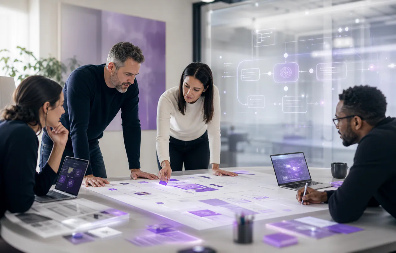 Workshop setting with leaders, process cards, and AI workflow sketches