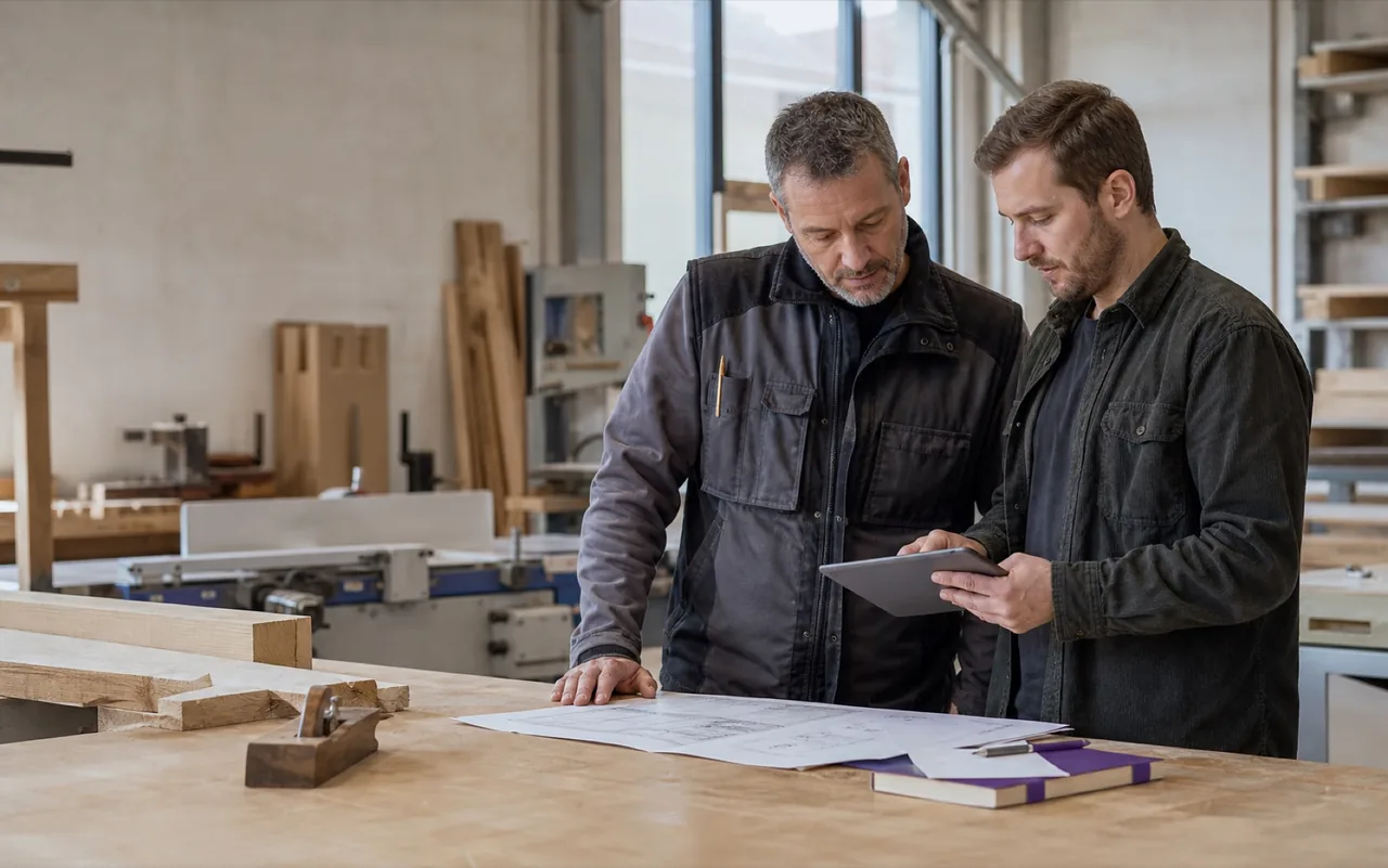 Handwerksmeister und Berater besprechen gemeinsam einen Arbeitsablauf in einer Schreinerei