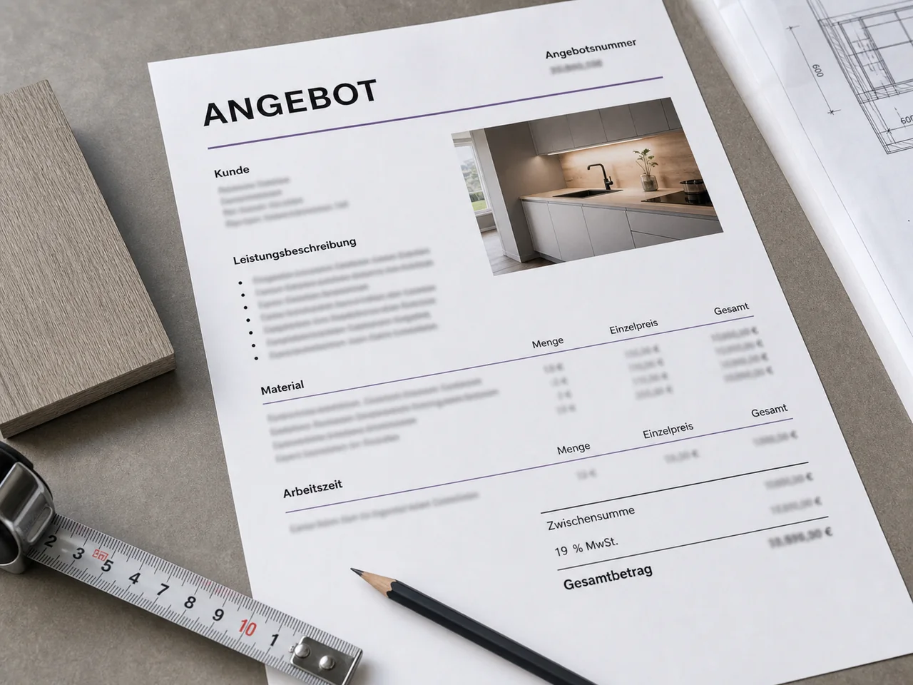 Beispielhaftes deutsches Angebotsdokument für eine Küche mit Leistungsbeschreibung, Material, Arbeitszeit und Gesamtbetrag