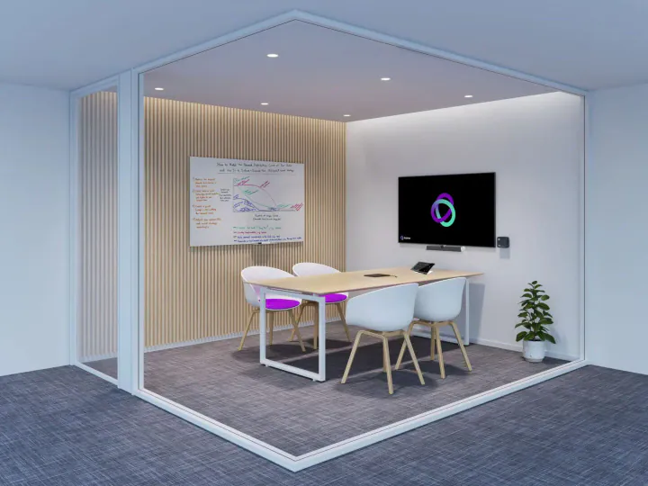 Workshop-Raum mit Whiteboard und Vibeperform Bildschirm